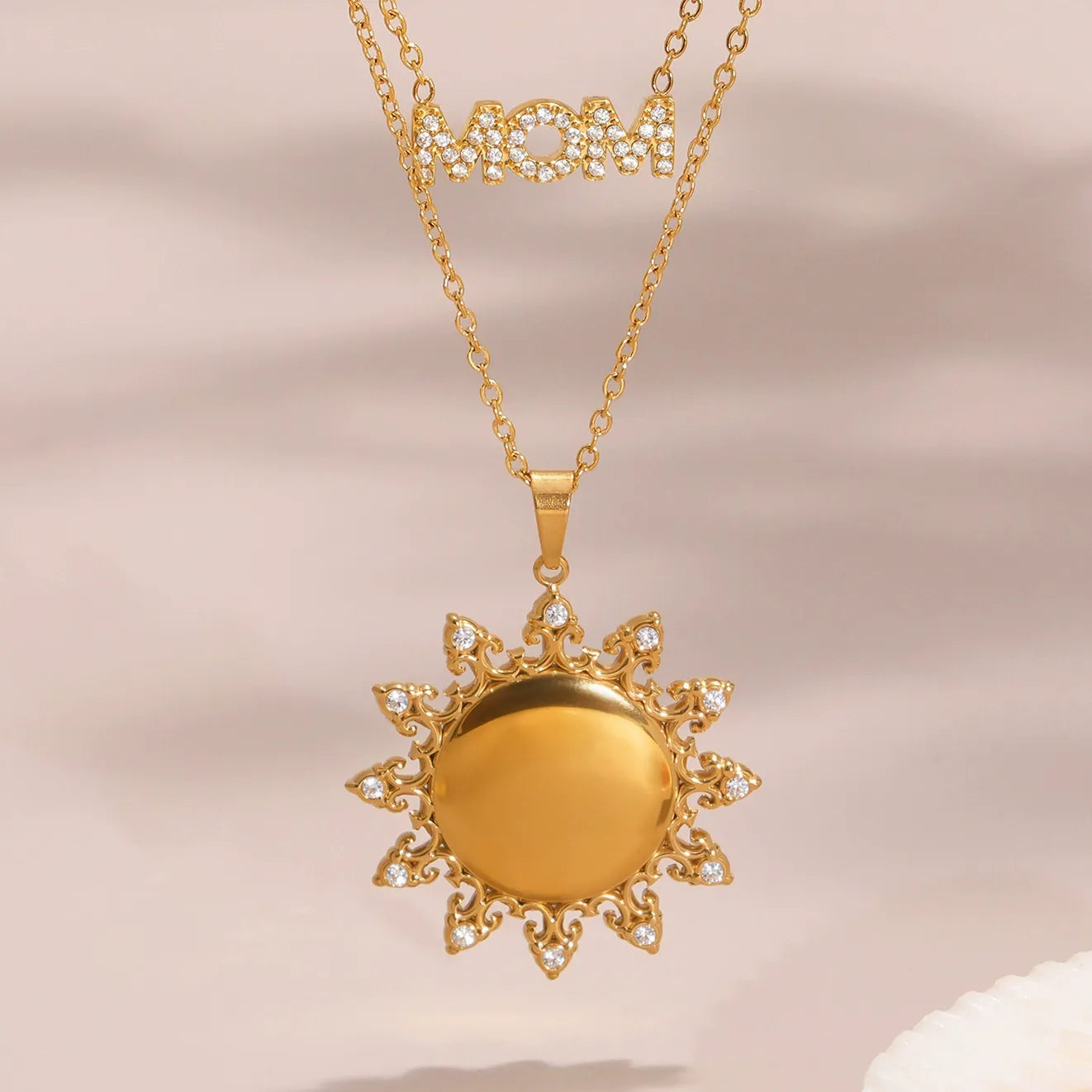 316L Stainless Steel 18K Gold Plated Sparkling Zircon MOM Letter & Sunflower Pendant Necklace - Image 2