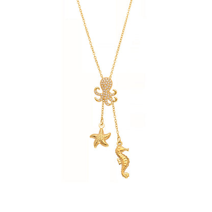 316L Stainless Steel 18K Gold Plated Sparkling Zircon Octopus Lariat Necklace - Image 2