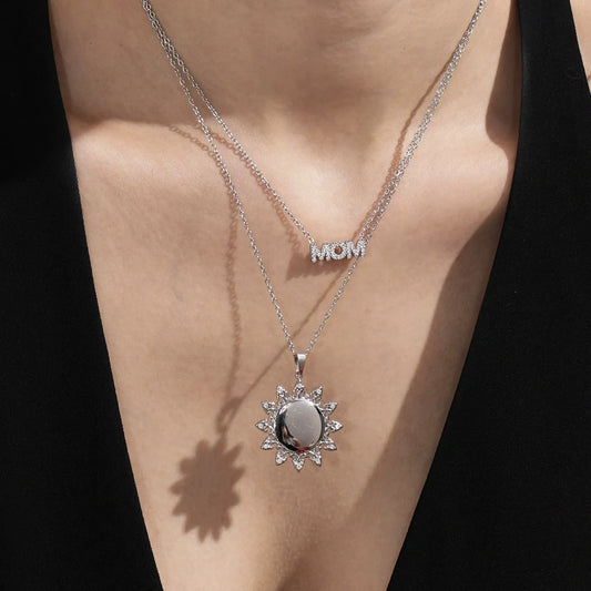 316L Stainless Steel 18K Gold Plated Sparkling Zircon MOM Letter & Sunflower Pendant Necklace - Image 3