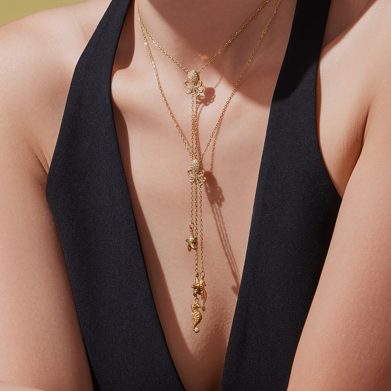 316L Stainless Steel 18K Gold Plated Sparkling Zircon Octopus Lariat Necklace - Image 4