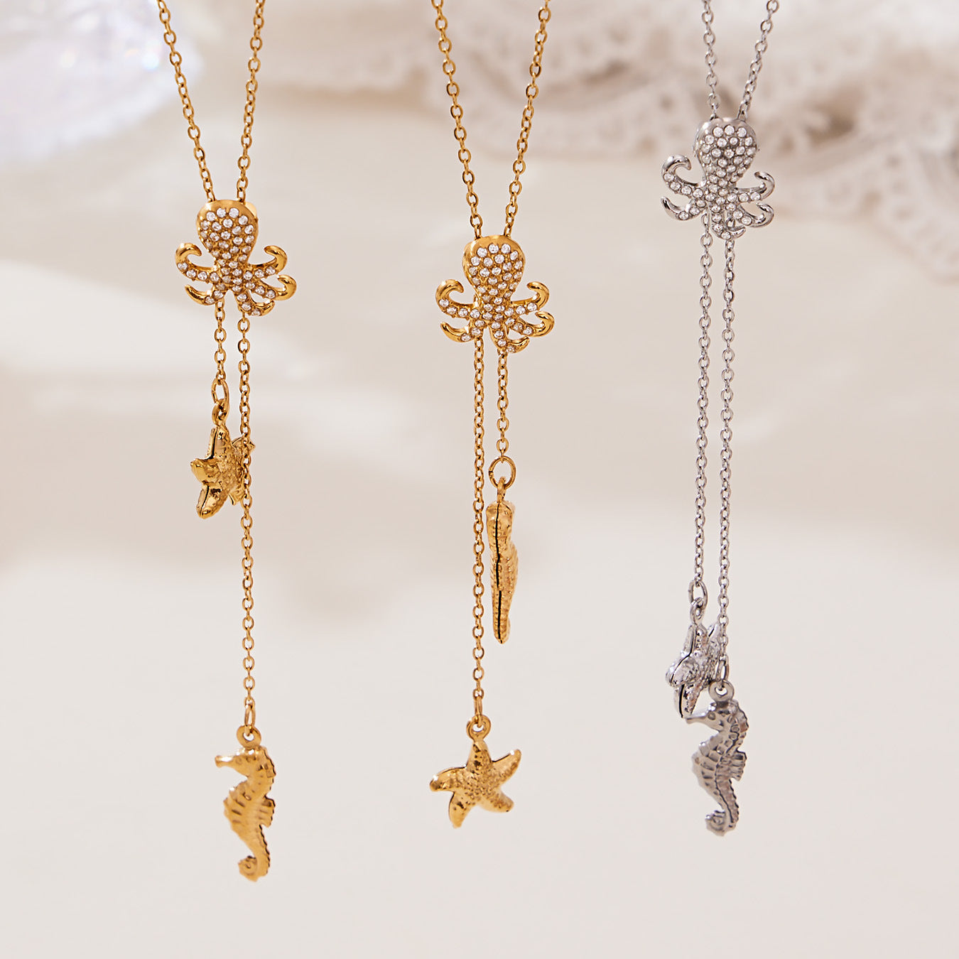 316L Stainless Steel 18K Gold Plated Sparkling Zircon Octopus Lariat Necklace - Image 5