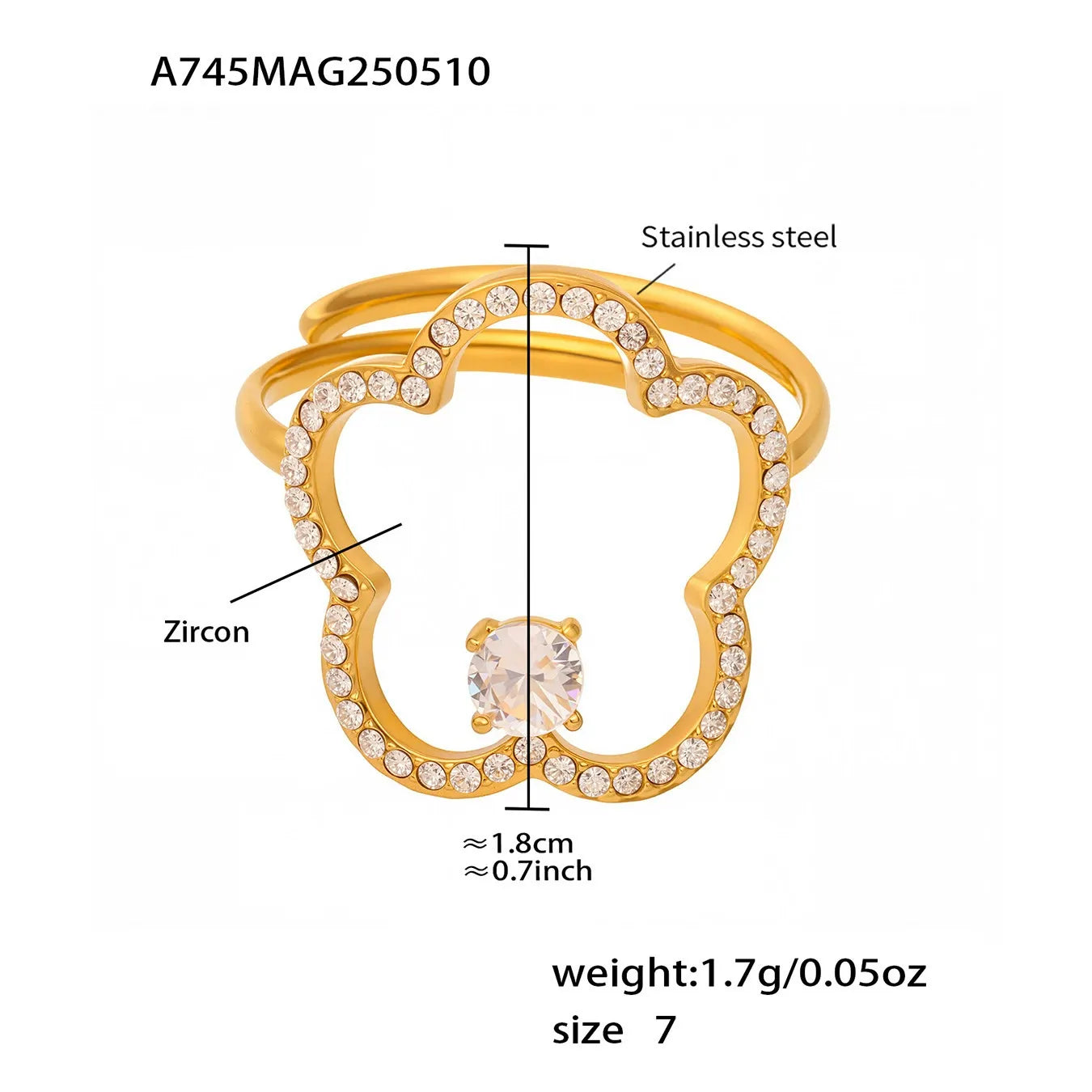 316L Stainless Steel 18K Gold Plated Sparkling Zirconia Flower Ring - Image 6