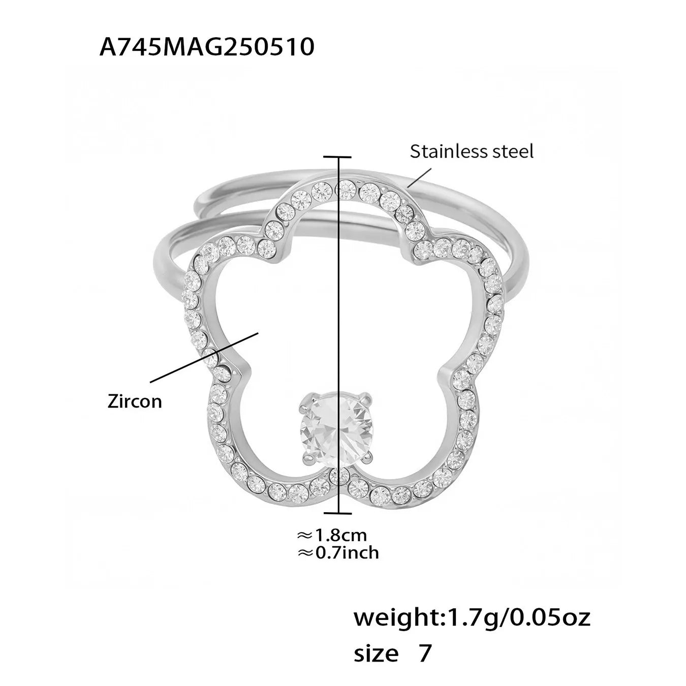 316L Stainless Steel 18K Gold Plated Sparkling Zirconia Flower Ring - Image 7