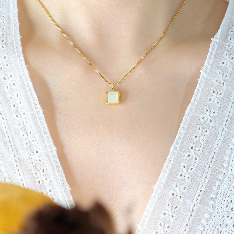 316L Stainless Steel 18K Gold Plated Square Mother-of-Pearl Snake Chain Necklace - Image 1