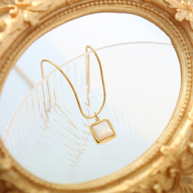 316L Stainless Steel 18K Gold Plated Square Mother-of-Pearl Snake Chain Necklace - Image 2
