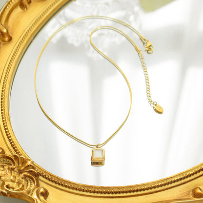 316L Stainless Steel 18K Gold Plated Square Mother-of-Pearl Snake Chain Necklace - Image 3