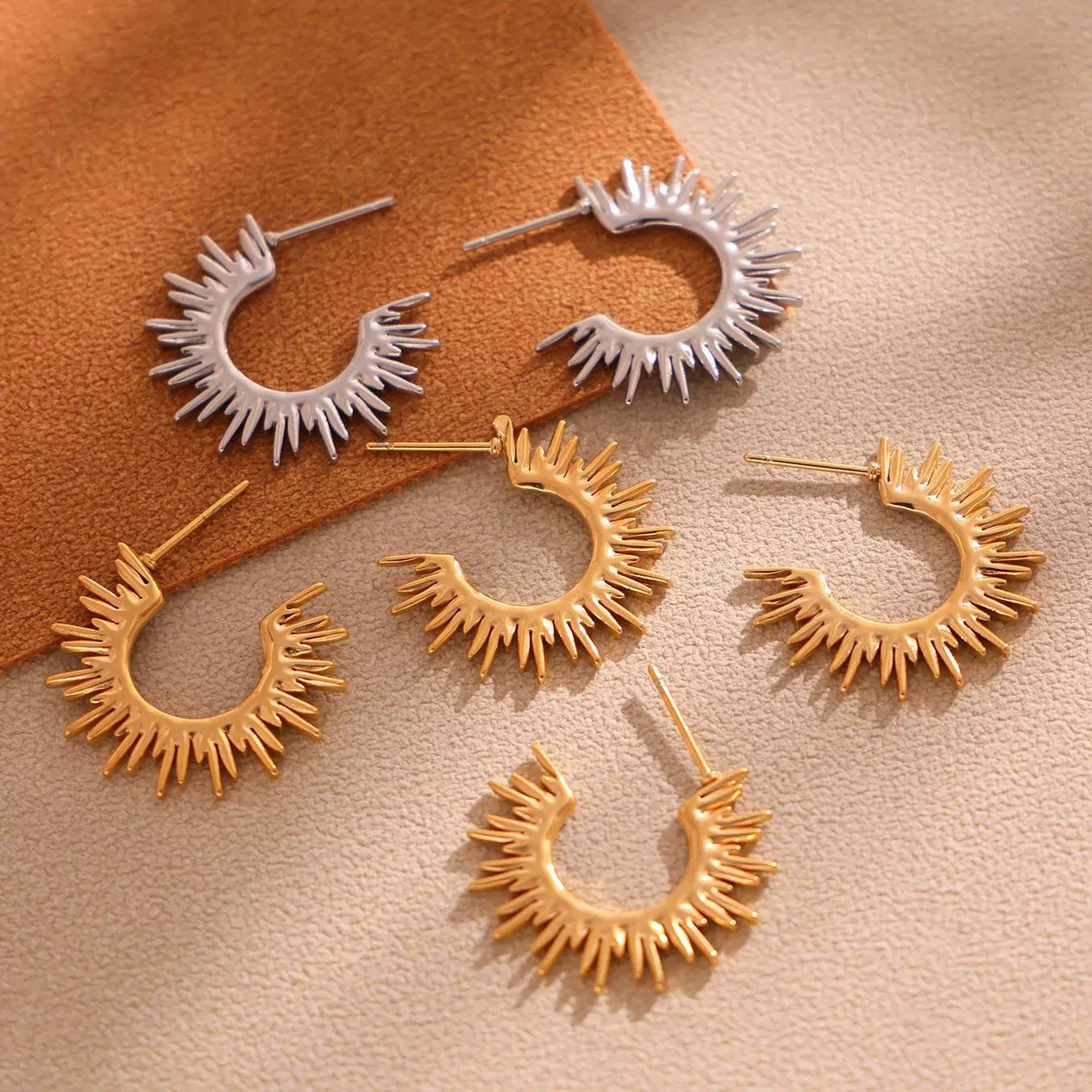316L Stainless Steel 18K Gold Plated Sunburst C-Hoop Earrings - Image 3