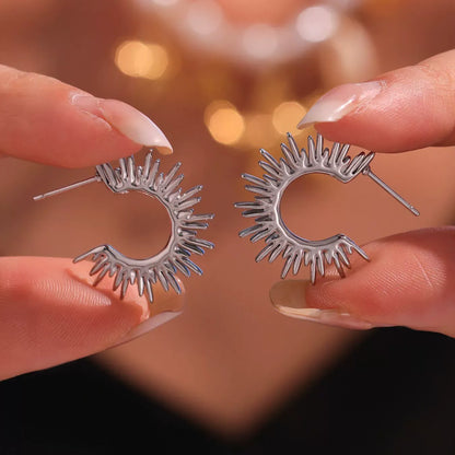 316L Stainless Steel 18K Gold Plated Sunburst C-Hoop Earrings - Image 4