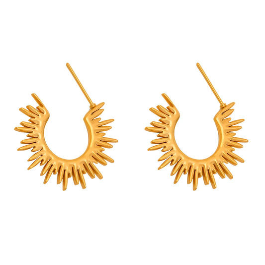 316L Stainless Steel 18K Gold Plated Sunburst C-Hoop Earrings - Image 5