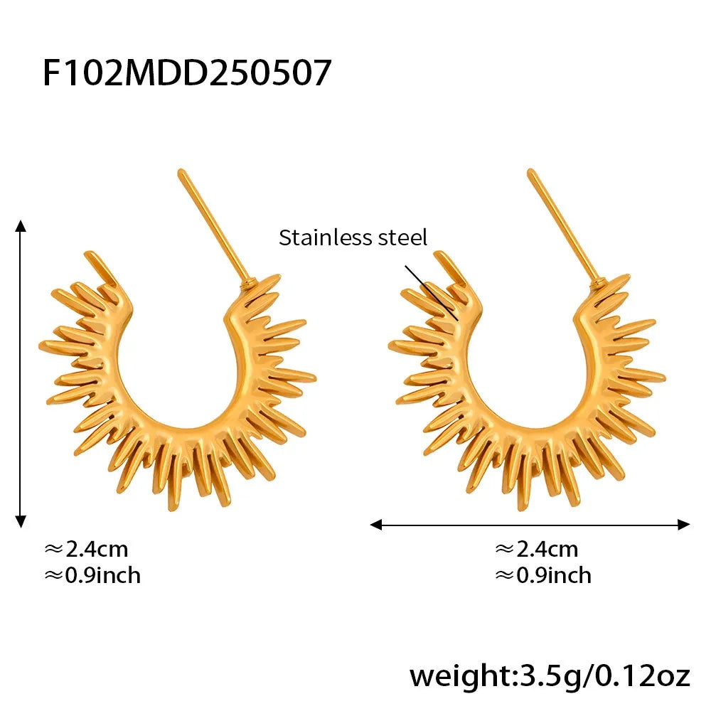316L Stainless Steel 18K Gold Plated Sunburst C-Hoop Earrings - Image 6