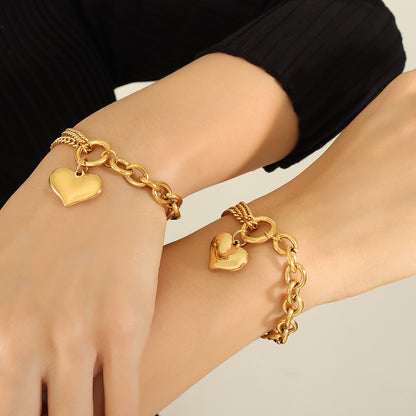 316L Stainless Steel 18K Gold Plated Tarnish-Free Cuban Link Heart Chain Bracelet - Image 2