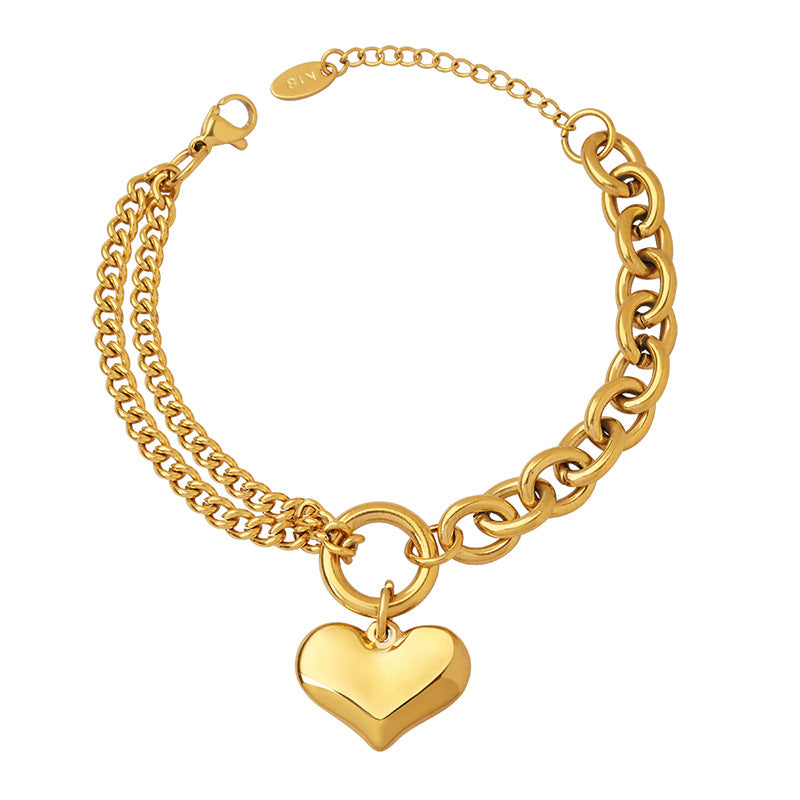 316L Stainless Steel 18K Gold Plated Tarnish-Free Cuban Link Heart Chain Bracelet - Image 6