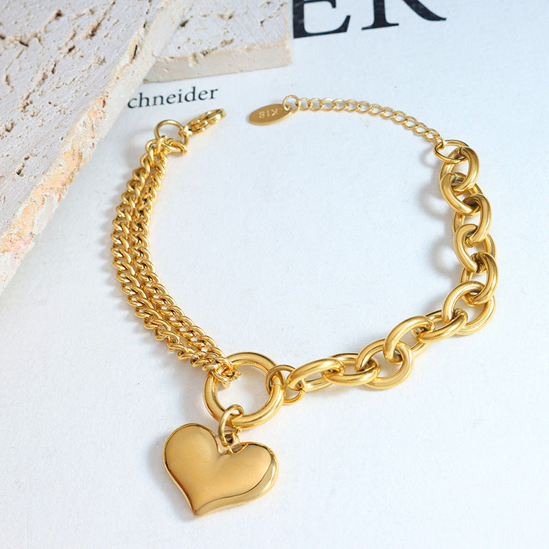 316L Stainless Steel 18K Gold Plated Tarnish-Free Cuban Link Heart Chain Bracelet - Image 7