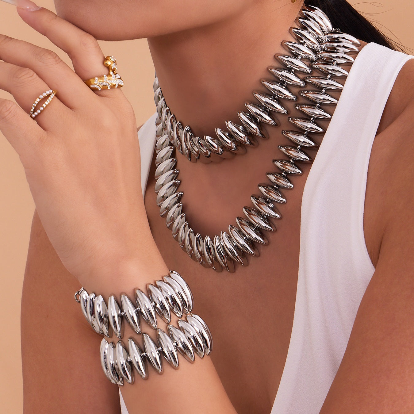 316L Stainless Steel 18K Gold Plated Torpedo Design Handmade Bracelet & Necklace Set - Image 7