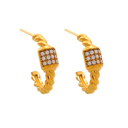 316L Stainless Steel 18K Gold Plated Twisted Zircon C-Hoop Earrings - Image 4