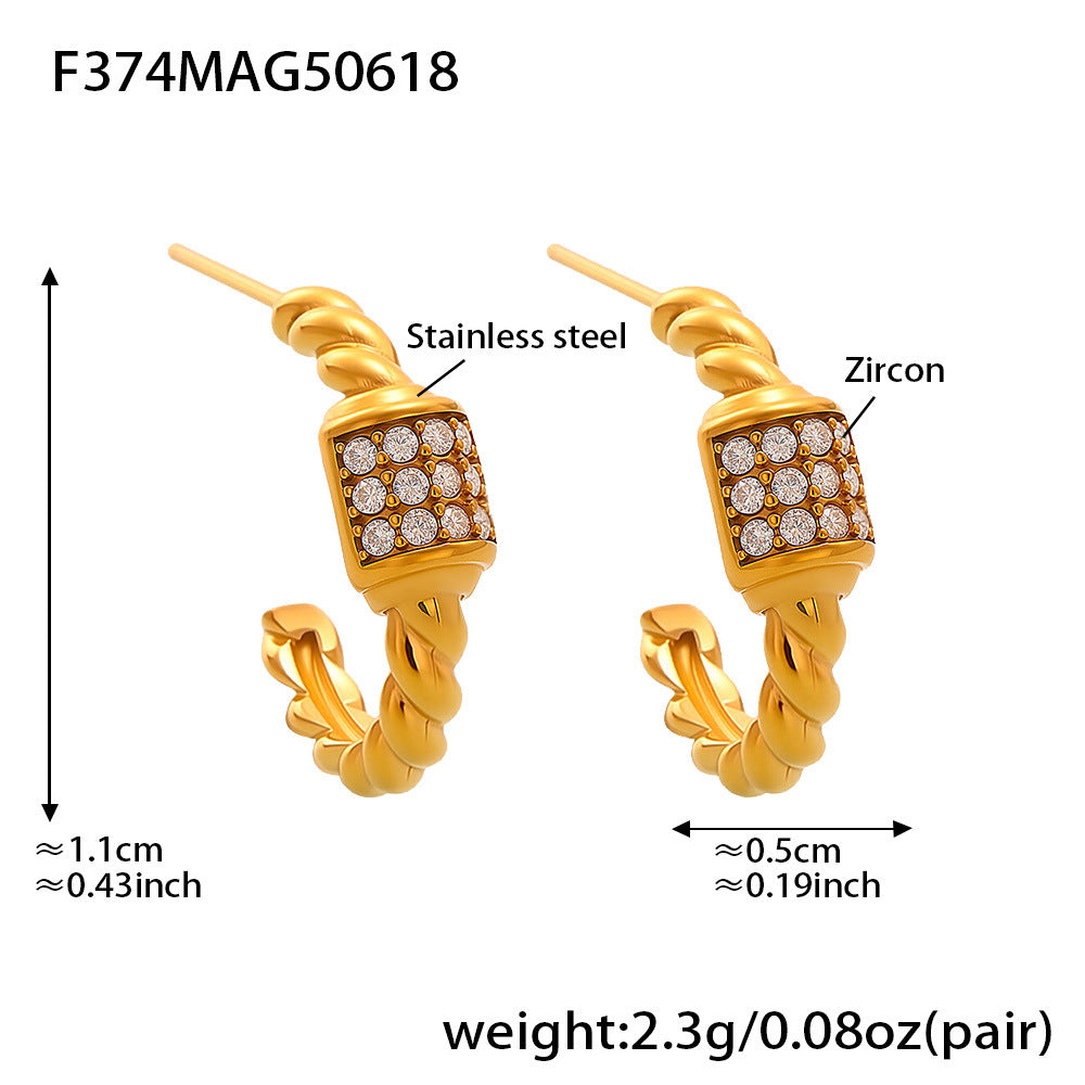 316L Stainless Steel 18K Gold Plated Twisted Zircon C-Hoop Earrings - Image 7