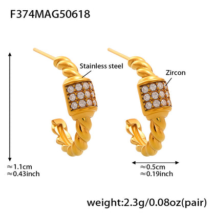 316L Stainless Steel 18K Gold Plated Twisted Zircon C-Hoop Earrings - Image 7
