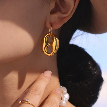 316L Stainless Steel 18K Gold Plated Two-Tone Coffee Bean Link Earrings - Image 11