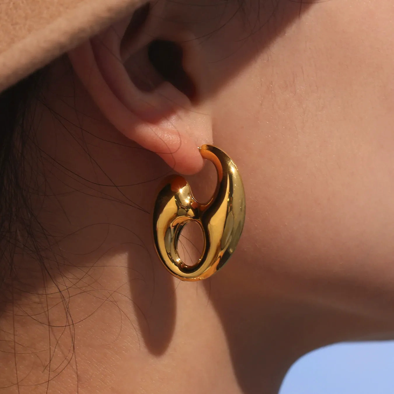 316L Stainless Steel 18K Gold Plated Two-Tone Coffee Bean Link Earrings - Image 12