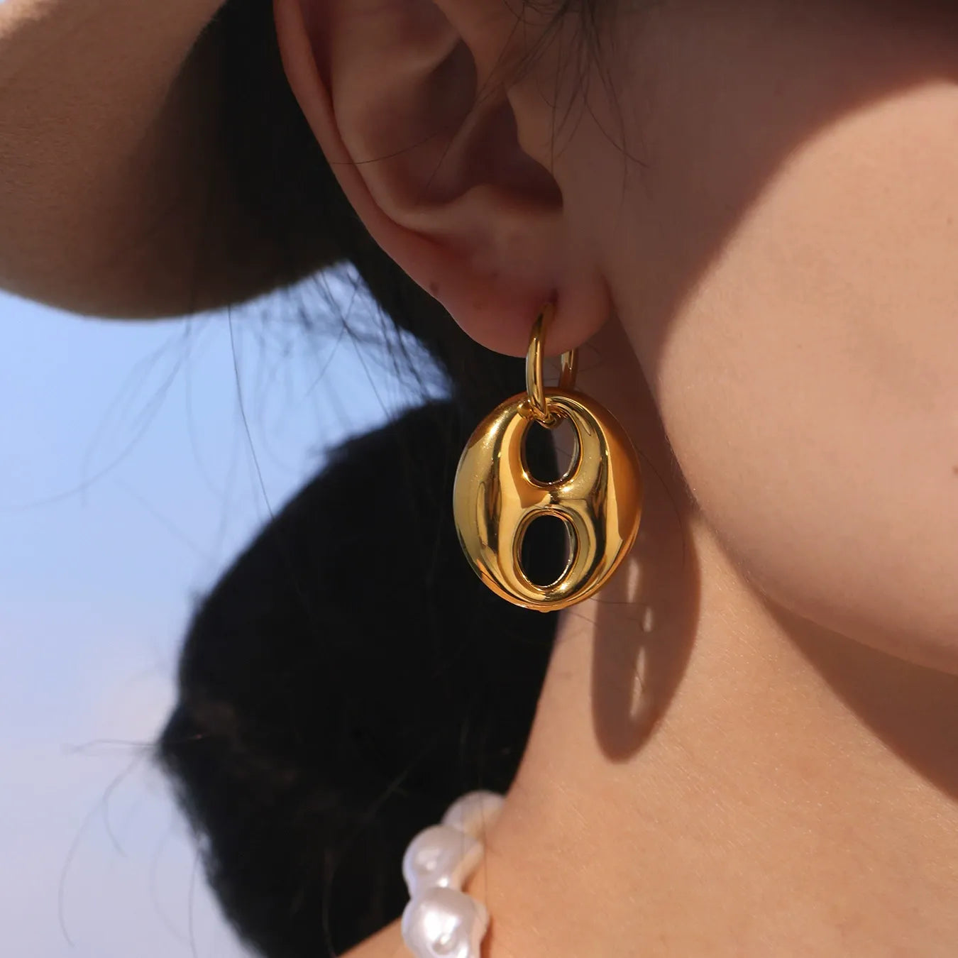 316L Stainless Steel 18K Gold Plated Two-Tone Coffee Bean Link Earrings - Image 2