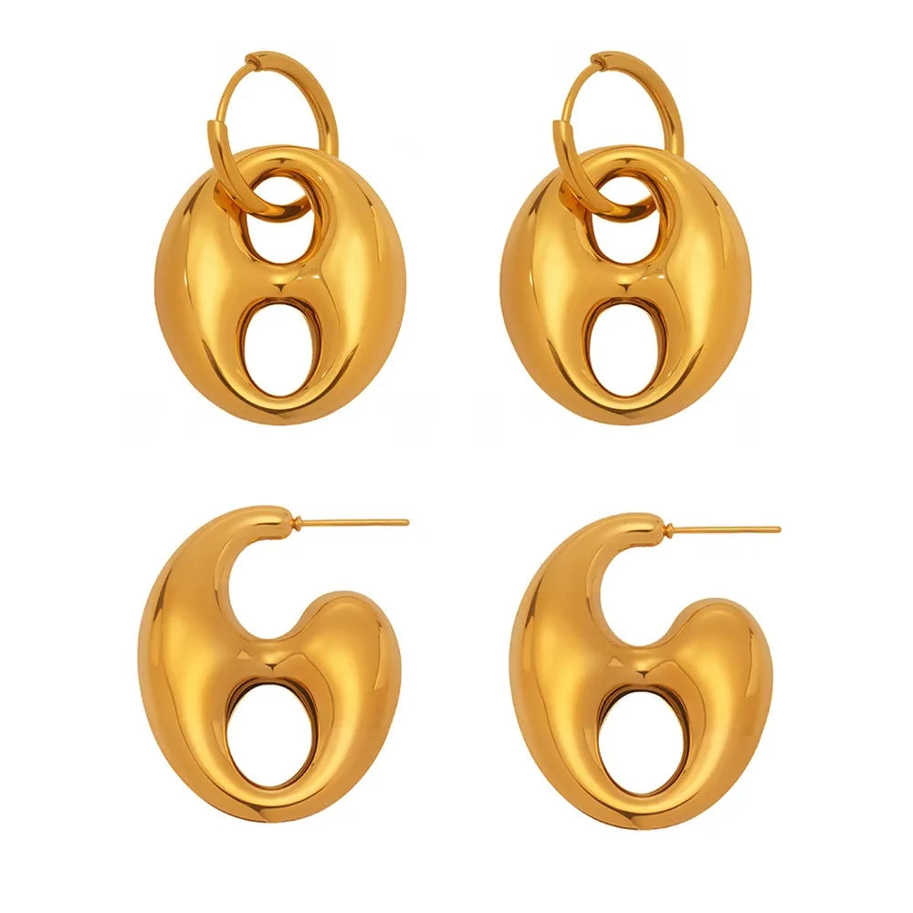 316L Stainless Steel 18K Gold Plated Two-Tone Coffee Bean Link Earrings - Image 3