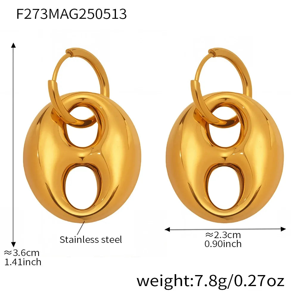 316L Stainless Steel 18K Gold Plated Two-Tone Coffee Bean Link Earrings - Image 8