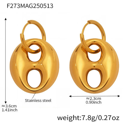 316L Stainless Steel 18K Gold Plated Two-Tone Coffee Bean Link Earrings - Image 8