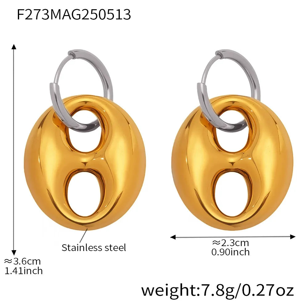 316L Stainless Steel 18K Gold Plated Two-Tone Coffee Bean Link Earrings - Image 9
