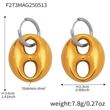 316L Stainless Steel 18K Gold Plated Two-Tone Coffee Bean Link Earrings - Image 9