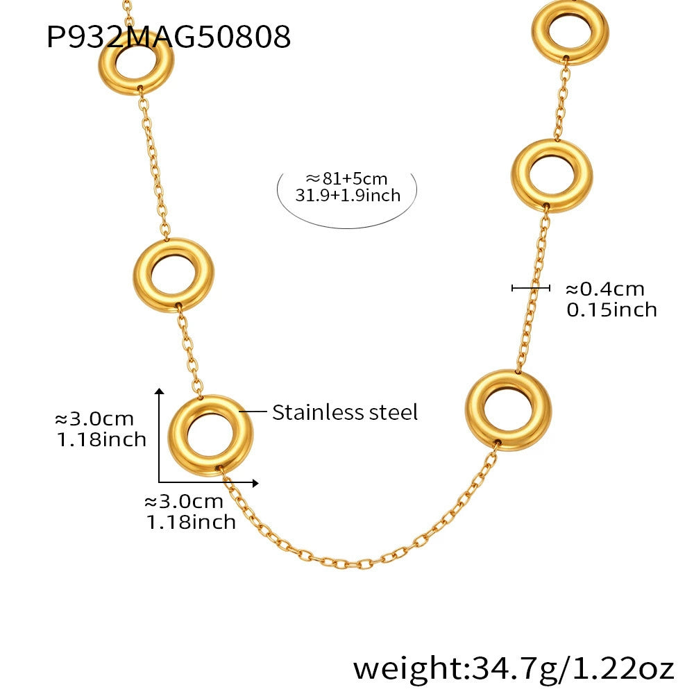 316L Stainless Steel 18K Gold Plated Two-Tone Hollow Round Long Sweater Chain Necklace - Image 1