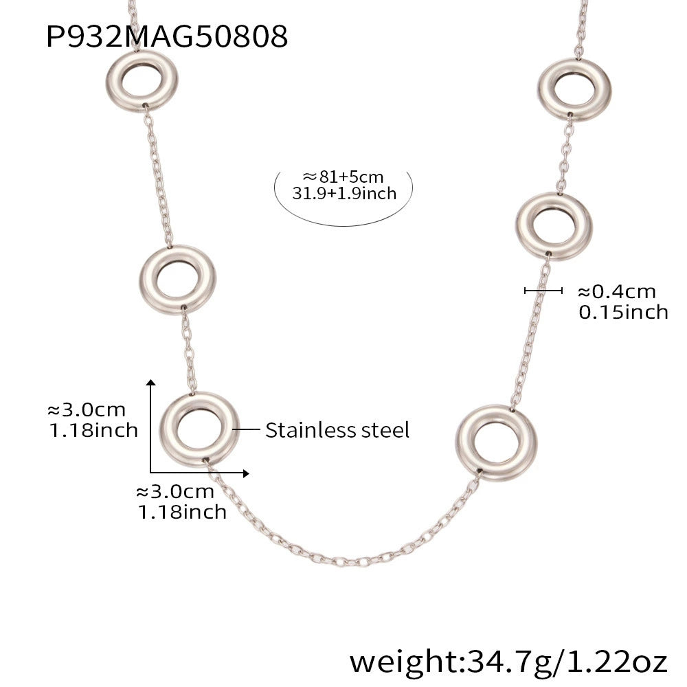 316L Stainless Steel 18K Gold Plated Two-Tone Hollow Round Long Sweater Chain Necklace - Image 2