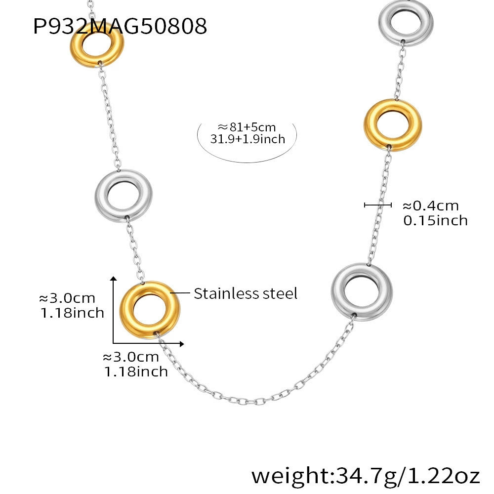 316L Stainless Steel 18K Gold Plated Two-Tone Hollow Round Long Sweater Chain Necklace - Image 5