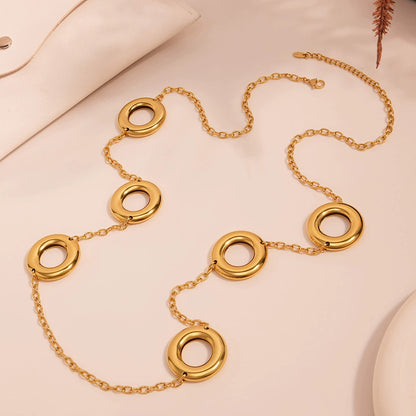 316L Stainless Steel 18K Gold Plated Two-Tone Hollow Round Long Sweater Chain Necklace - Image 6