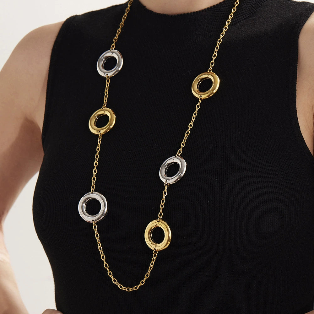 316L Stainless Steel 18K Gold Plated Two-Tone Hollow Round Long Sweater Chain Necklace - Image 7