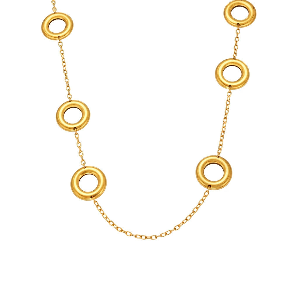 316L Stainless Steel 18K Gold Plated Two-Tone Hollow Round Long Sweater Chain Necklace - Image 9