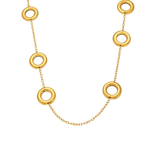 316L Stainless Steel 18K Gold Plated Two-Tone Hollow Round Long Sweater Chain Necklace - Image 9