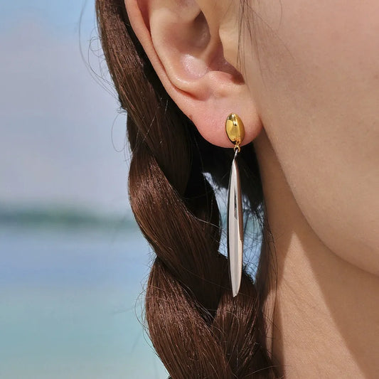 316L Stainless Steel 18K Gold Plated Two-Tone Long Waterdrop Earrings - Image 3