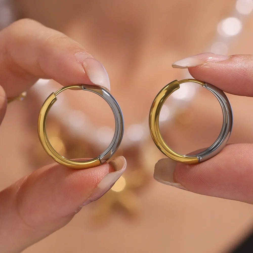 316L Stainless Steel 18K Gold Plated Two-Tone Minimalist Hoop Earrings - Image 1