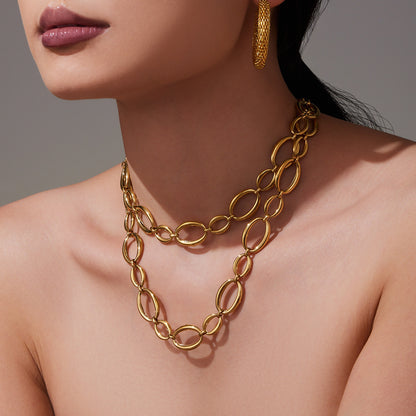 316L Stainless Steel 18K Gold Plated Two-Tone Oval Link Necklace & Bracelet Set - Image 10