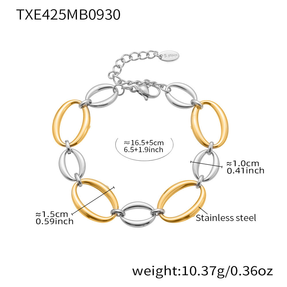 316L Stainless Steel 18K Gold Plated Two-Tone Oval Link Necklace & Bracelet Set - Image 4