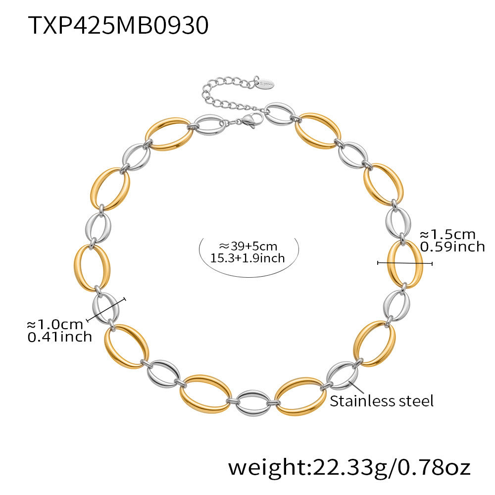 316L Stainless Steel 18K Gold Plated Two-Tone Oval Link Necklace & Bracelet Set - Image 5