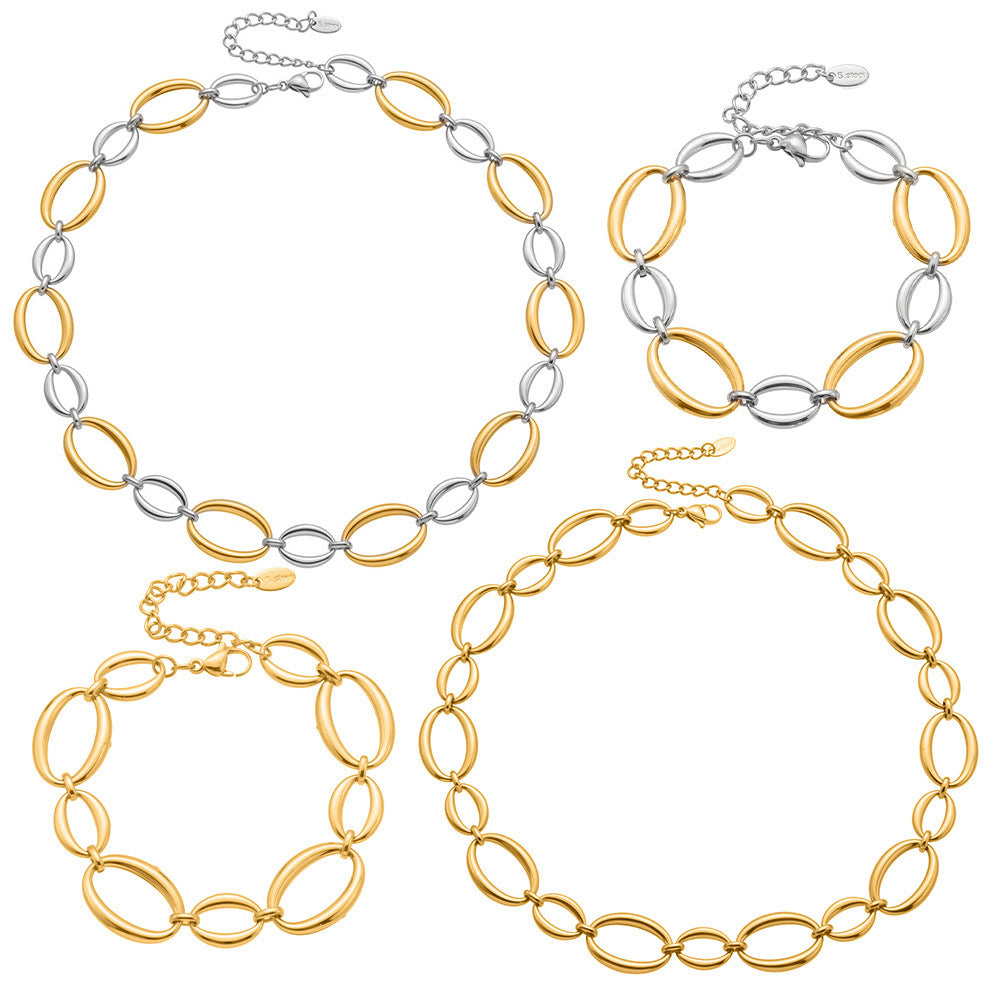 316L Stainless Steel 18K Gold Plated Two-Tone Oval Link Necklace & Bracelet Set - Image 8