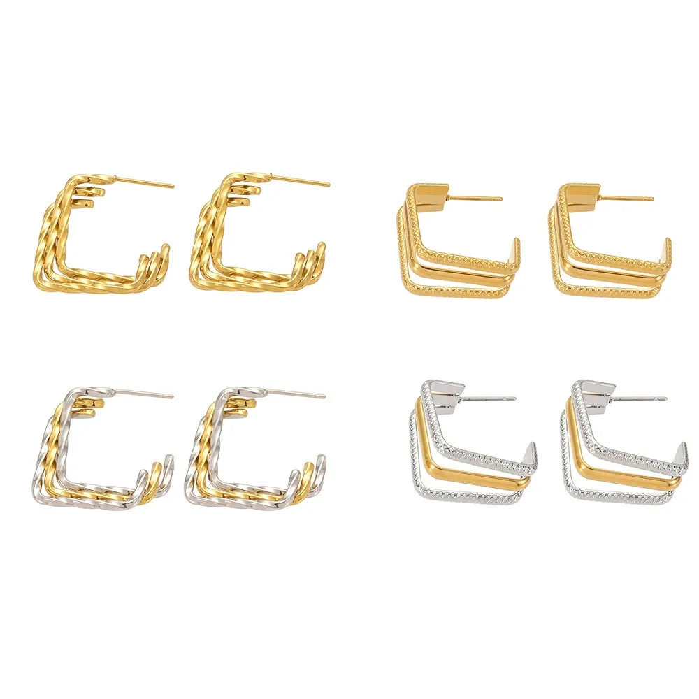 316L Stainless Steel 18K Gold Plated Two-Tone Three-Layer Geometric Earrings - Image 10