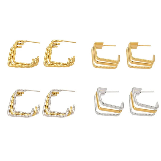 316L Stainless Steel 18K Gold Plated Two-Tone Three-Layer Geometric Earrings - Image 10