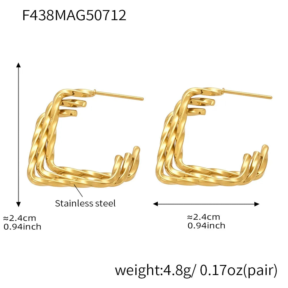 316L Stainless Steel 18K Gold Plated Two-Tone Three-Layer Geometric Earrings - Image 11