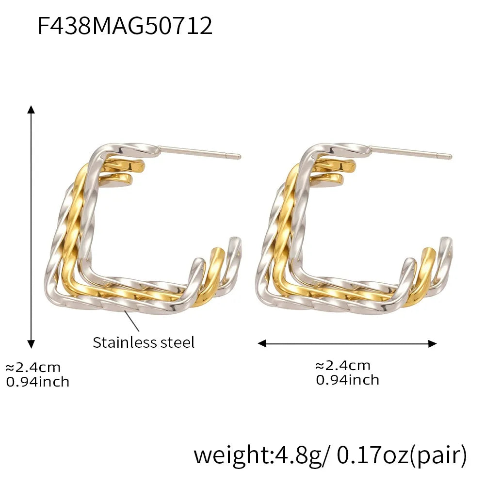 316L Stainless Steel 18K Gold Plated Two-Tone Three-Layer Geometric Earrings - Image 2