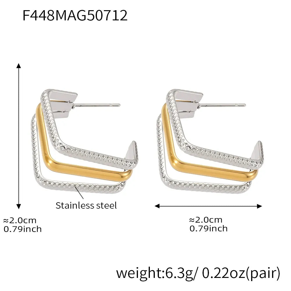 316L Stainless Steel 18K Gold Plated Two-Tone Three-Layer Geometric Earrings - Image 5