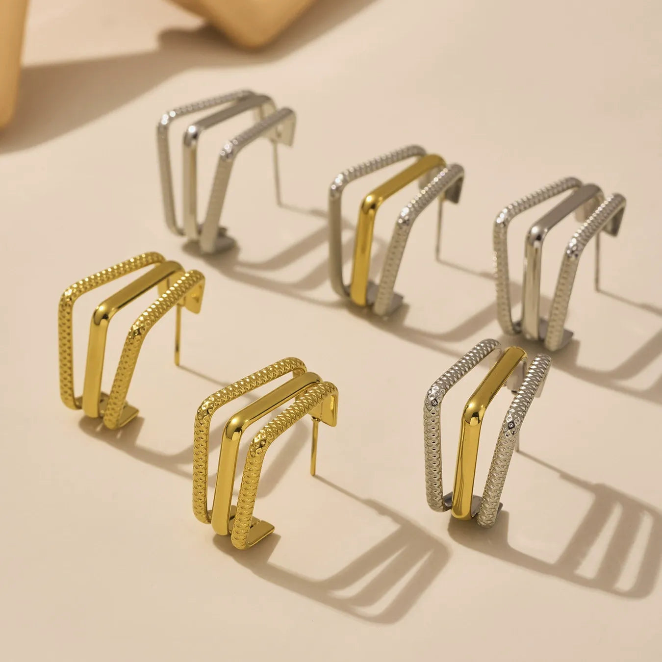 316L Stainless Steel 18K Gold Plated Two-Tone Three-Layer Geometric Earrings - Image 7