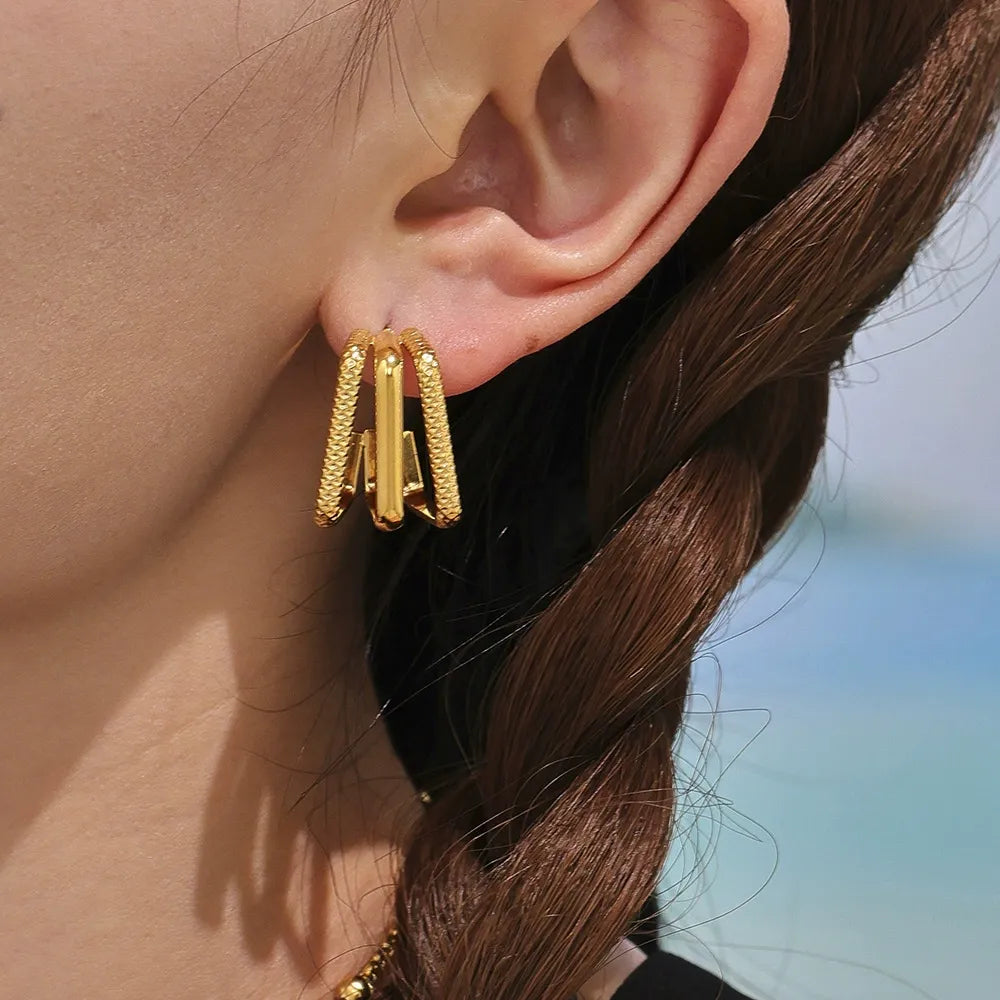 316L Stainless Steel 18K Gold Plated Two-Tone Three-Layer Geometric Earrings - Image 8