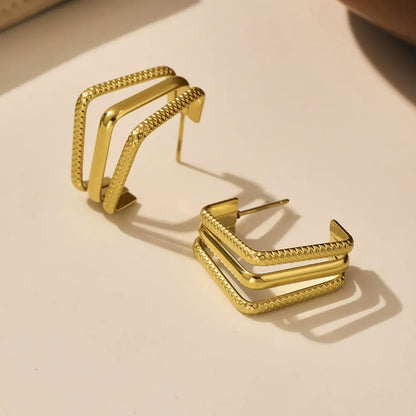 316L Stainless Steel 18K Gold Plated Two-Tone Three-Layer Geometric Earrings - Image 9